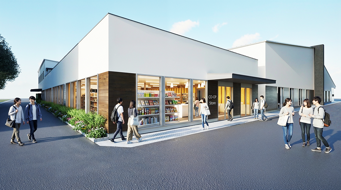 CO-OP Storeと表示された購買部の入口、ガラス張りの壁面に商品棚が並ぶ建物