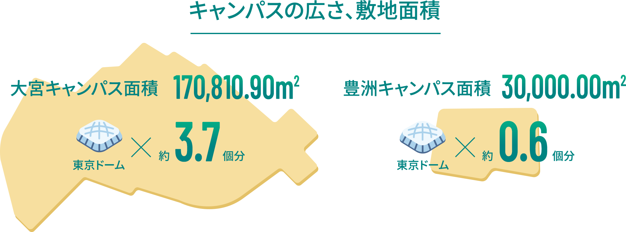 キャンパスの広さ、敷地面積 大宮キャンパス面積170,810.90平方メートル, 東京ドーム約3.7個分 豊洲キャンパス面積30,000.00平方メートル, 東京ドーム約0.6個分