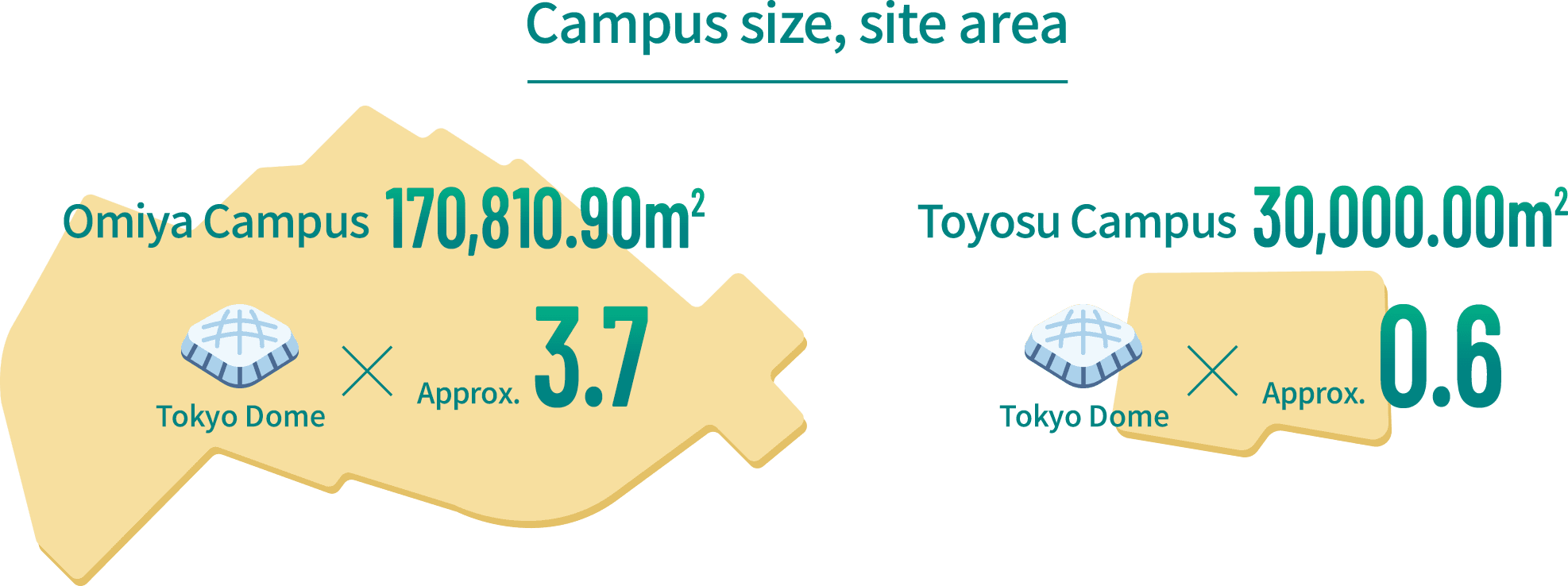 Campus size, site area /  Omiya Campus : 170,810.90㎡, Tokyo Dome × Approx.3.7 / Toyosu Campus 30,000.00㎡, Tokyo Dome × Approx.0.6
